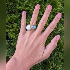 Artisan Handmade In Morocco Adjustable Blue Double Geode Gold Ring Size 8